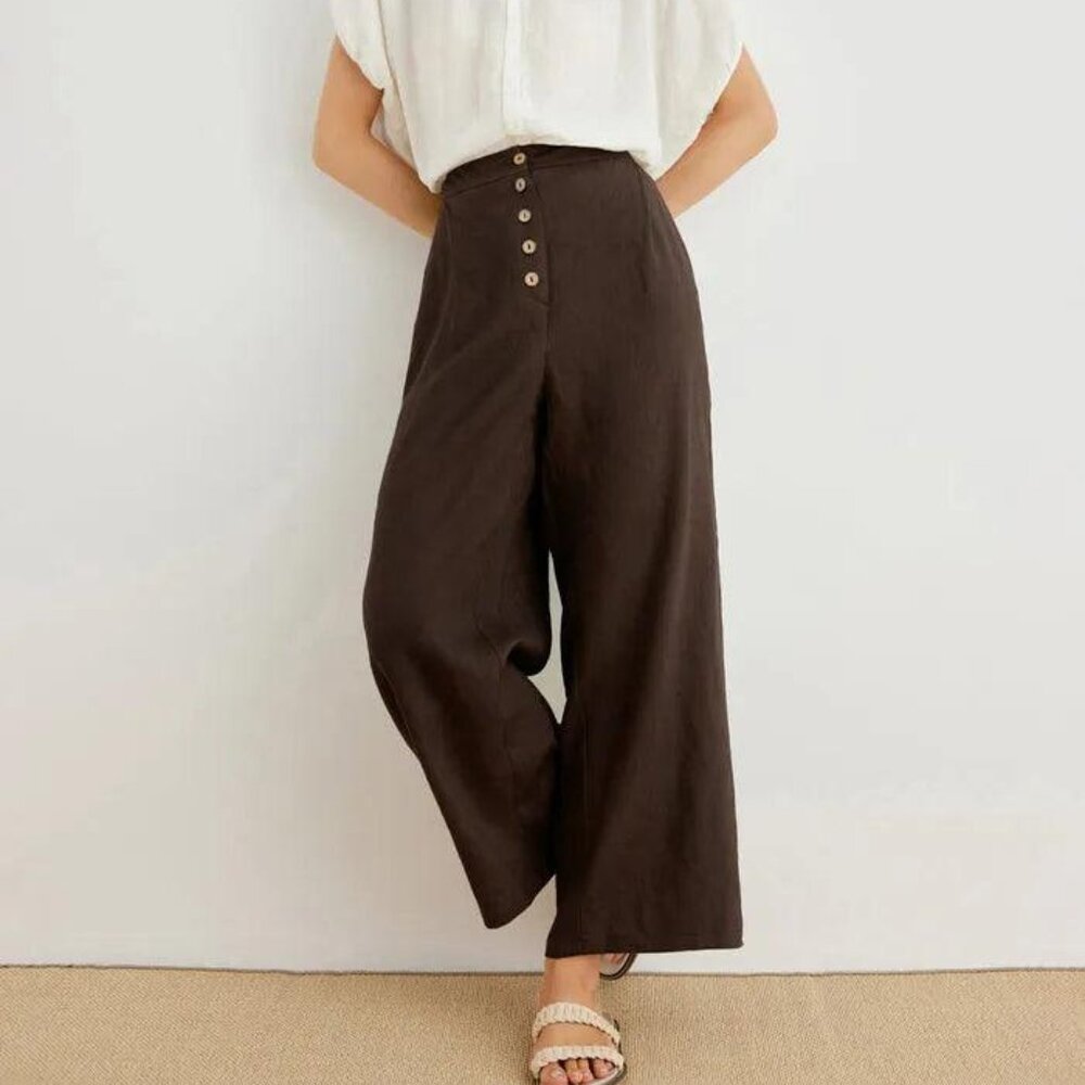 Lintico espresso 100% linen button-fly wide-leg pants LILIA size XL